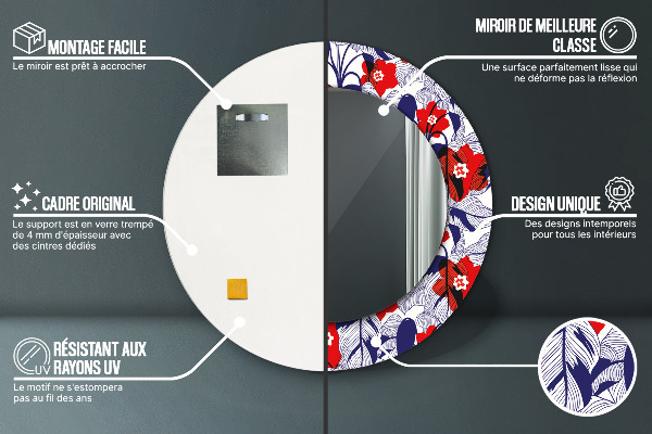 Round wall mirror decor Filodendron and red flowers