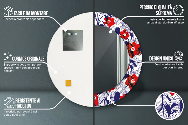 Round wall mirror decor Filodendron and red flowers