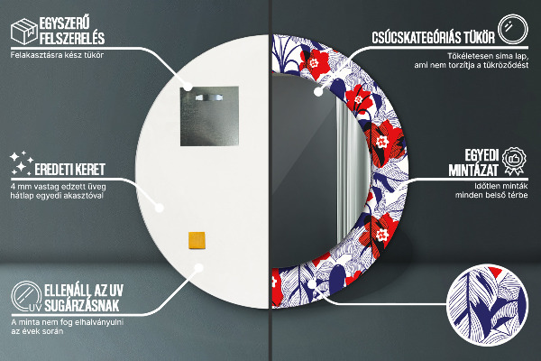 Round wall mirror decor Filodendron and red flowers