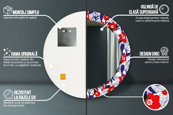 Round wall mirror decor Filodendron and red flowers