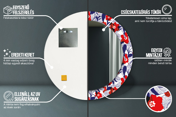 Round wall mirror decor Filodendron and red flowers