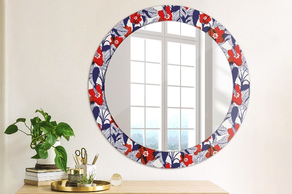 Round wall mirror decor Filodendron and red flowers