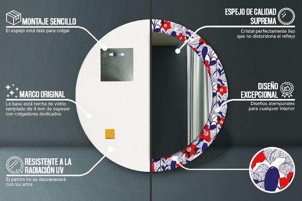 Round wall mirror decor Filodendron and red flowers