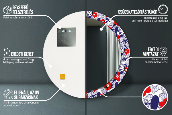 Round wall mirror decor Filodendron and red flowers