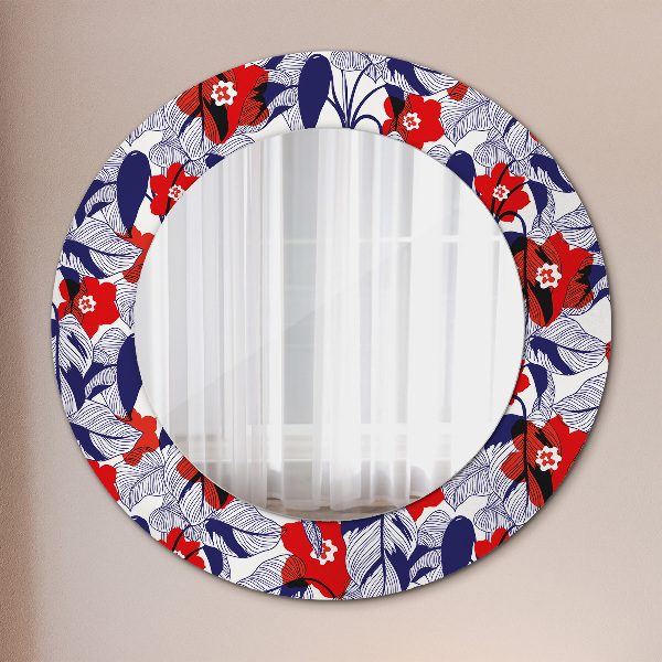 Round wall mirror decor Filodendron and red flowers