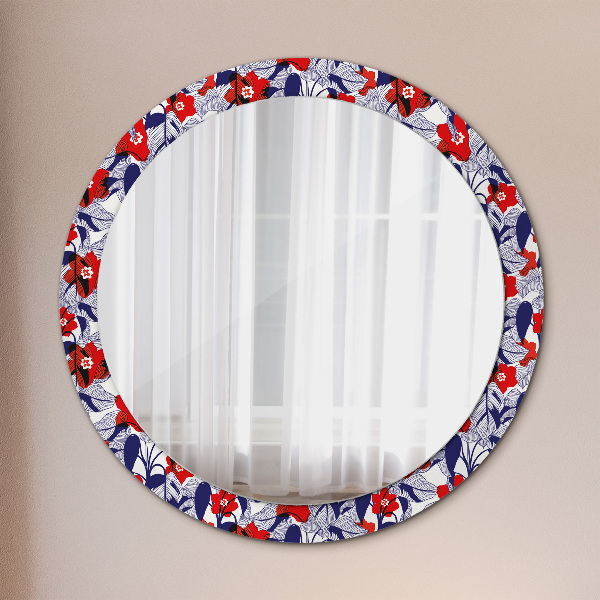 Round wall mirror decor Filodendron and red flowers