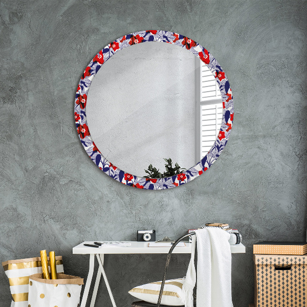 Round wall mirror decor Filodendron and red flowers