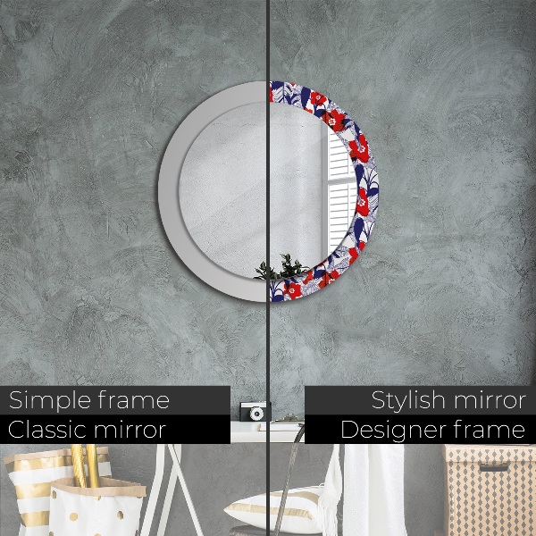 Round wall mirror decor Filodendron and red flowers