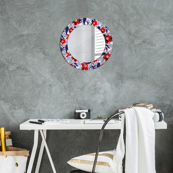 Round wall mirror decor Filodendron and red flowers