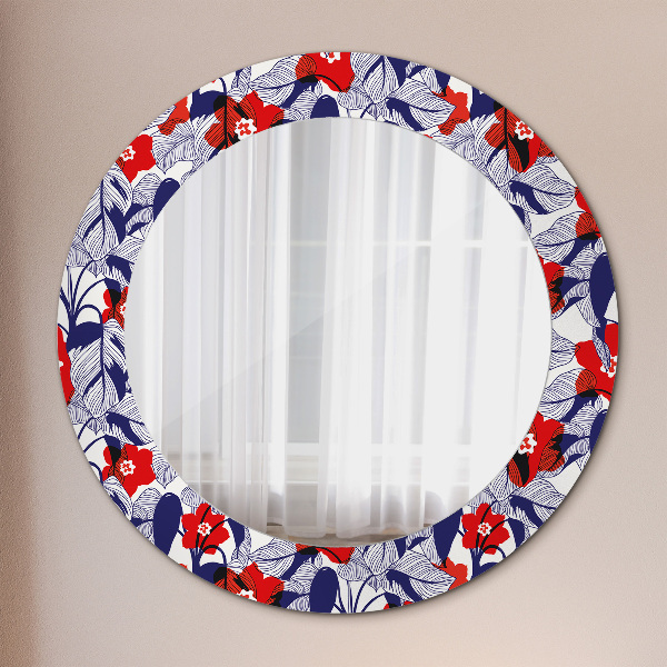 Round wall mirror decor Filodendron and red flowers