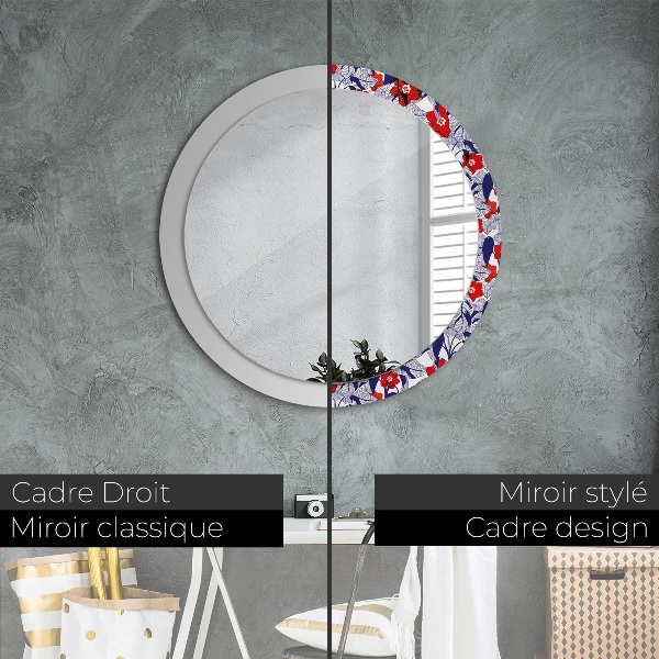 Round wall mirror decor Filodendron and red flowers