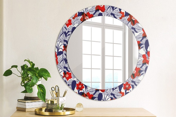 Round wall mirror decor Filodendron and red flowers