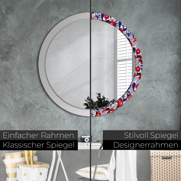 Round wall mirror decor Filodendron and red flowers