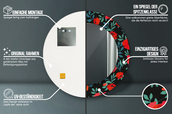 Round printed mirror Red poppy seed