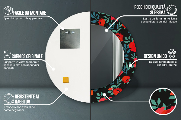 Round printed mirror Red poppy seed