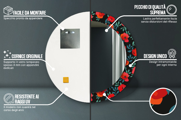 Round printed mirror Red poppy seed