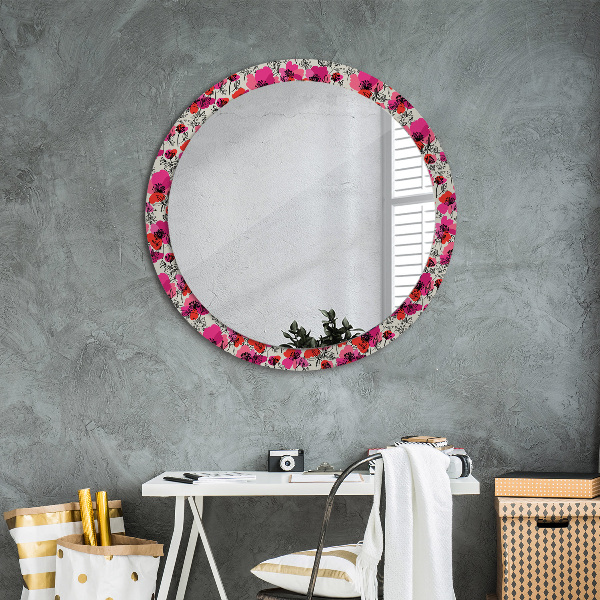 Round wall mirror decor Pink poppies