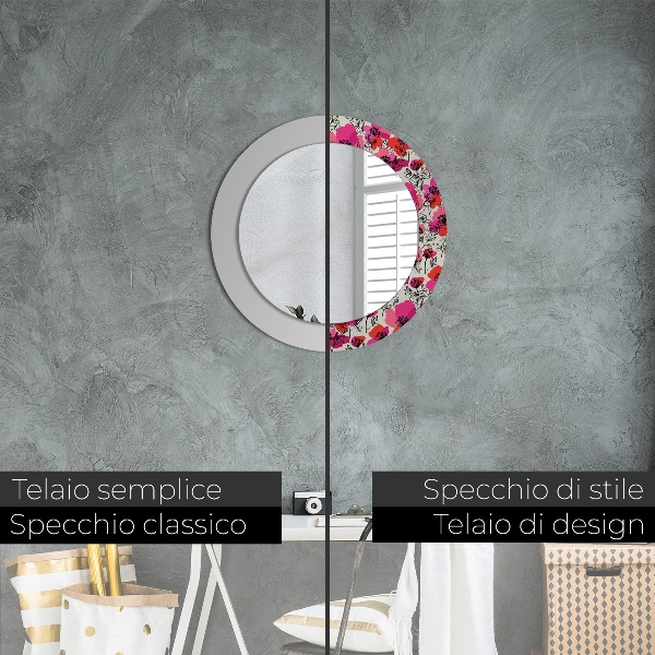 Round wall mirror decor Pink poppies