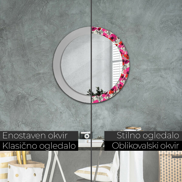 Round wall mirror decor Pink poppies