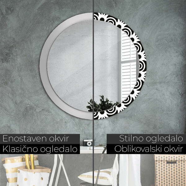 Round mirror frame with print Black geometric ornament