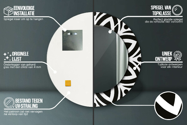 Round mirror frame with print Black geometric ornament