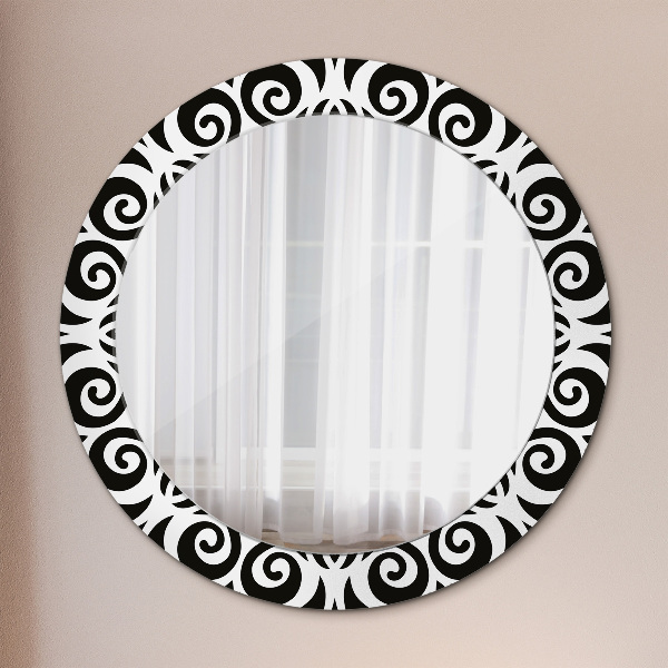 Round mirror frame with print Black geometric ornament