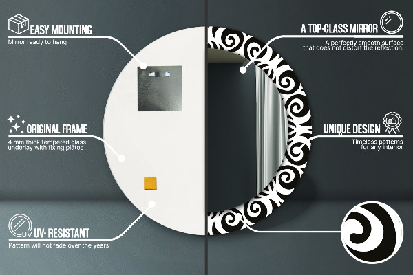 Round mirror frame with print Black geometric ornament