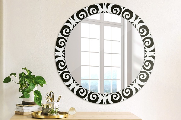 Round mirror frame with print Black geometric ornament