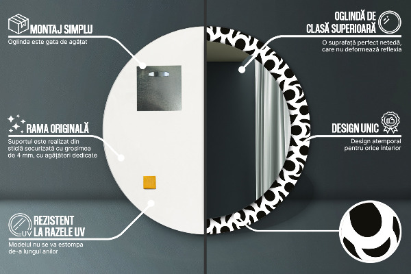 Round mirror frame with print Black geometric ornament