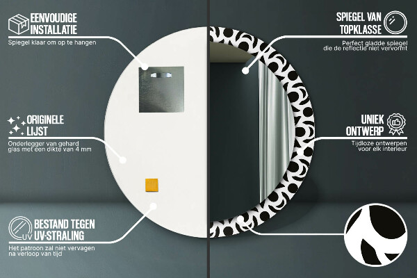 Round mirror frame with print Black geometric ornament