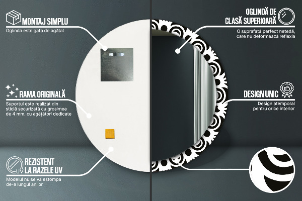 Round mirror frame with print Black geometric ornament