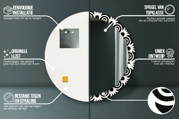 Round mirror frame with print Black geometric ornament