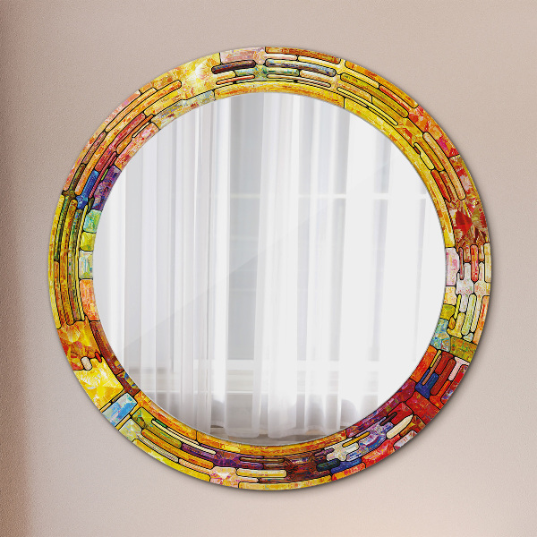 Round mirror frame with print Colored stained glass window