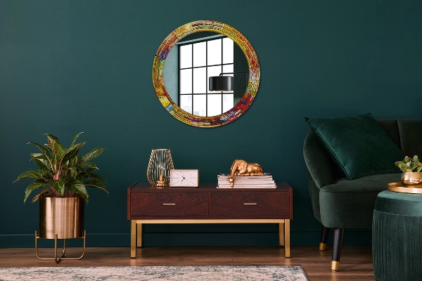 Round mirror frame with print Colored stained glass window