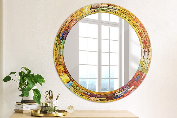 Round mirror frame with print Colored stained glass window