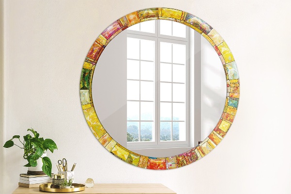 Round mirror frame with print Colored stained glass window