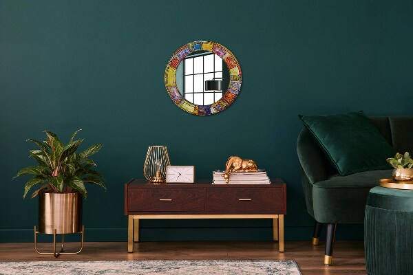 Round mirror frame with print Colored stained glass window