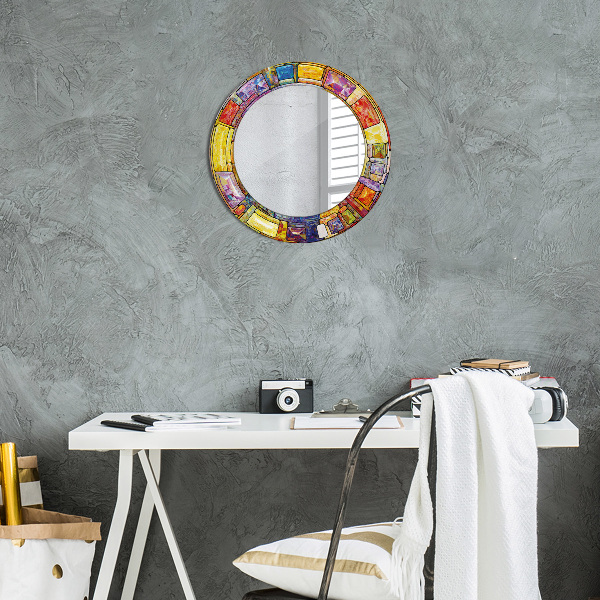 Round mirror frame with print Colored stained glass window