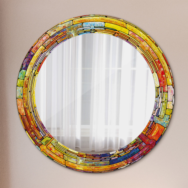 Round mirror frame with print Colored stained glass window