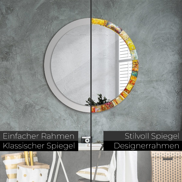 Round mirror frame with print Colored stained glass window
