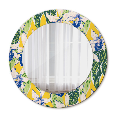 Round mirror frame with print Blue and yellow orchids