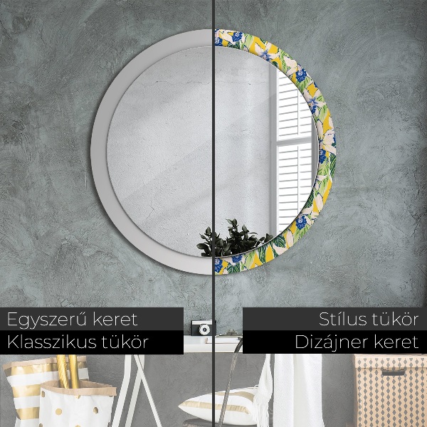 Round mirror frame with print Blue and yellow orchids