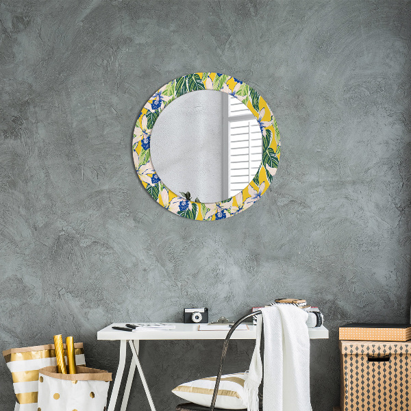 Round mirror frame with print Blue and yellow orchids