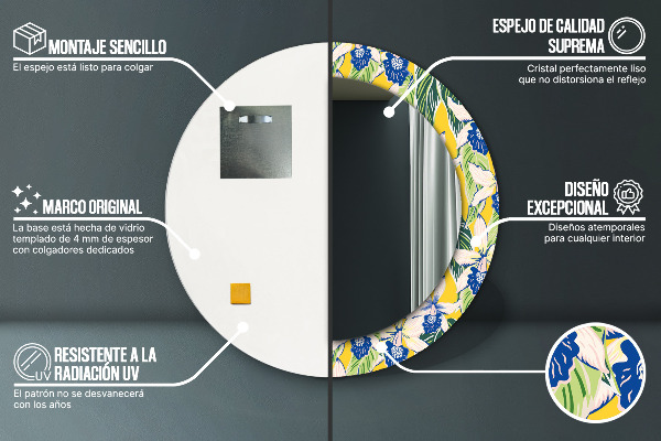 Round mirror frame with print Blue and yellow orchids