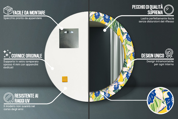 Round mirror frame with print Blue and yellow orchids