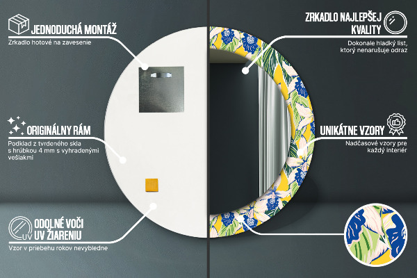 Round mirror frame with print Blue and yellow orchids