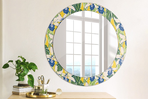 Round mirror frame with print Blue and yellow orchids