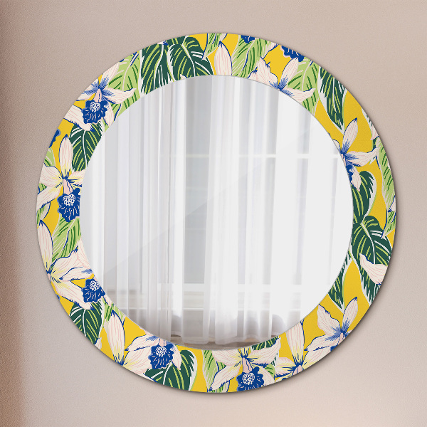 Round mirror frame with print Blue and yellow orchids