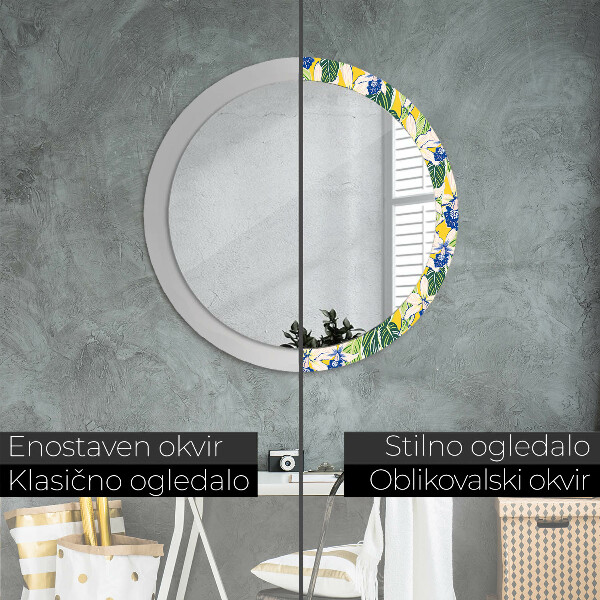 Round mirror frame with print Blue and yellow orchids