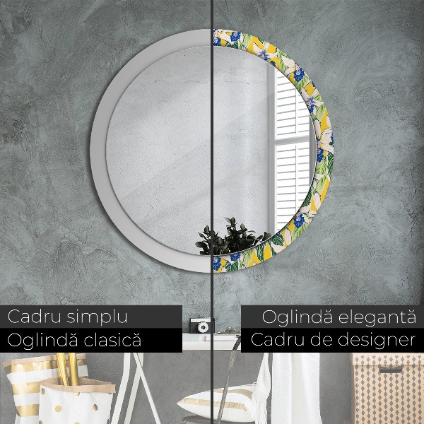 Round mirror frame with print Blue and yellow orchids